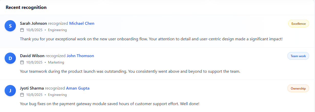 Employee recognition feed showing peer recognition across departments